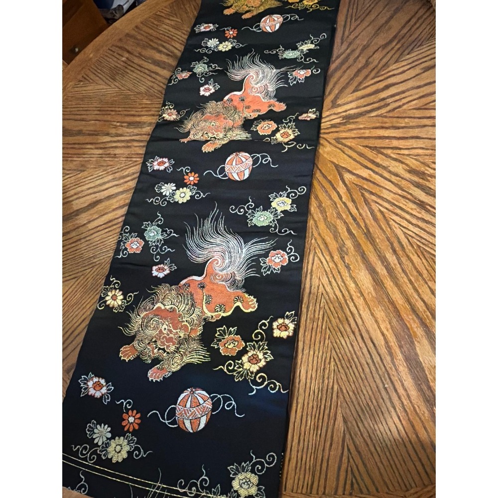 Vintage Japanese Silk Fukuro Obi Black Gold Shishi Lion Foo Dog Floral Woven